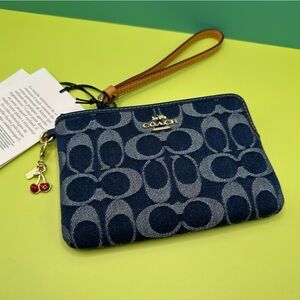 Coach Denim with cherry charm Corner Zip Wristlet NWT
